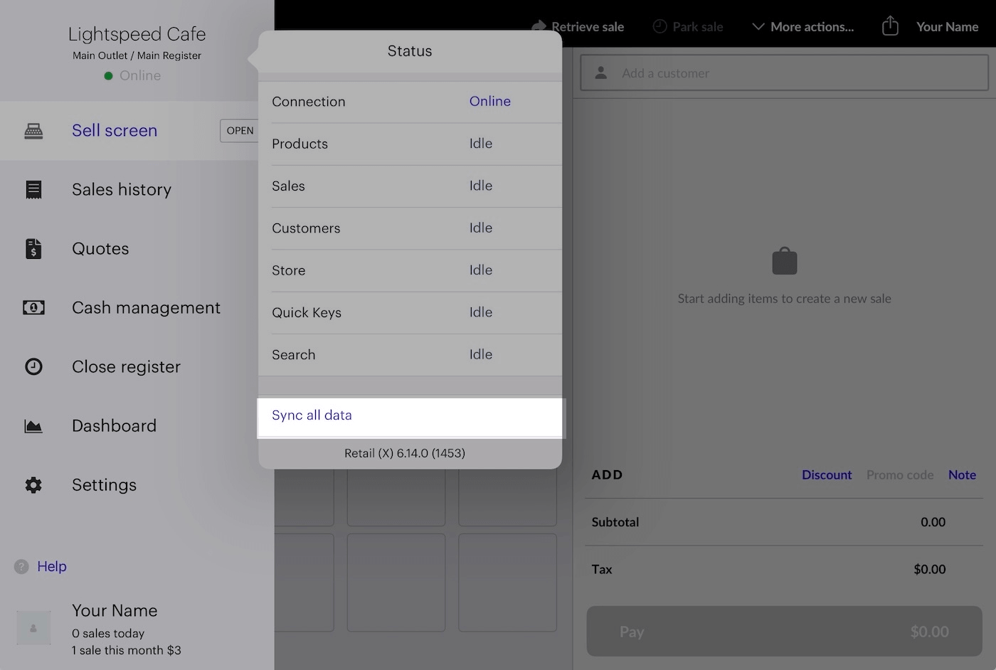 iPad sidebar menu with Sync all data option emphasized.