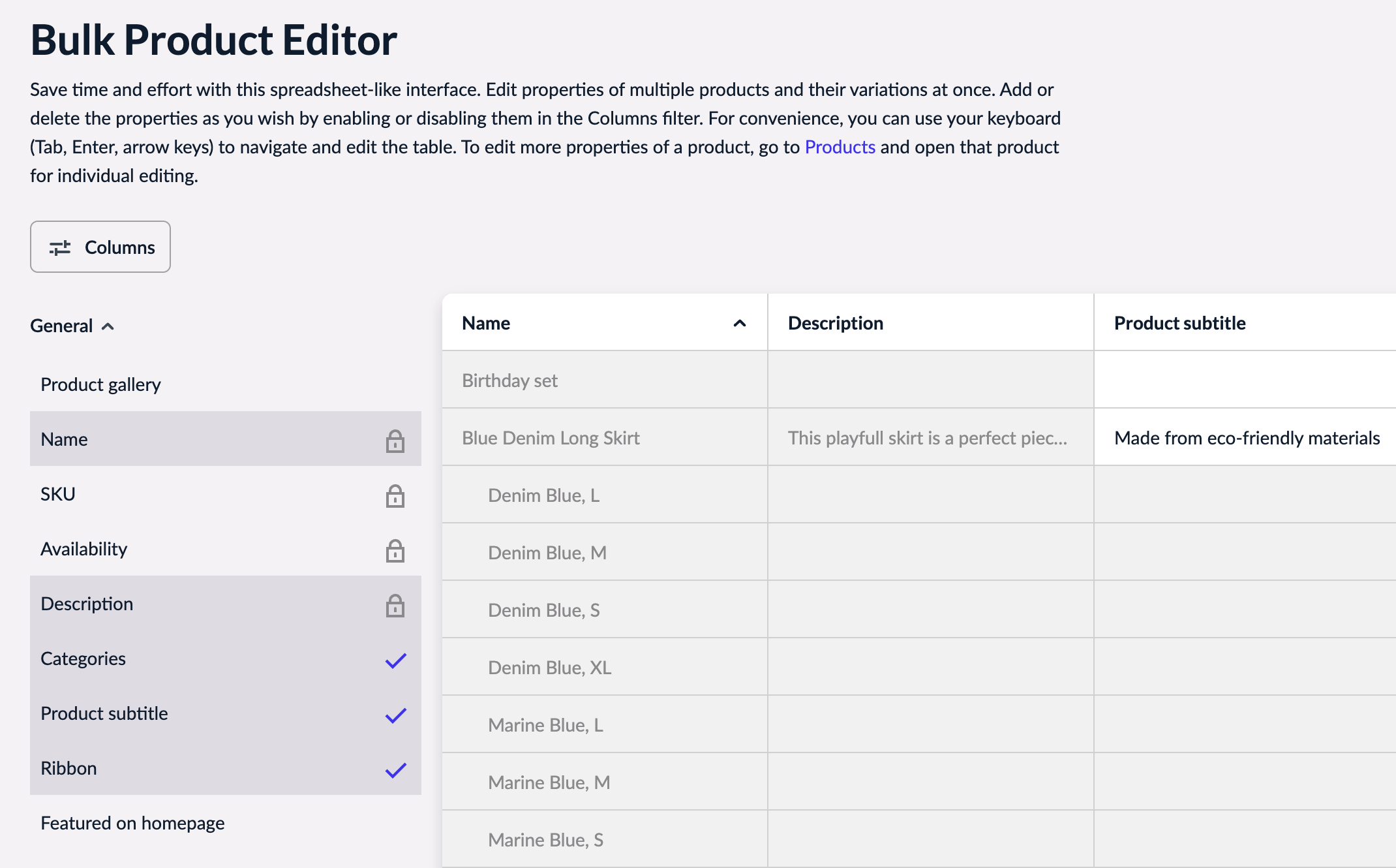 The Bulk product editor page