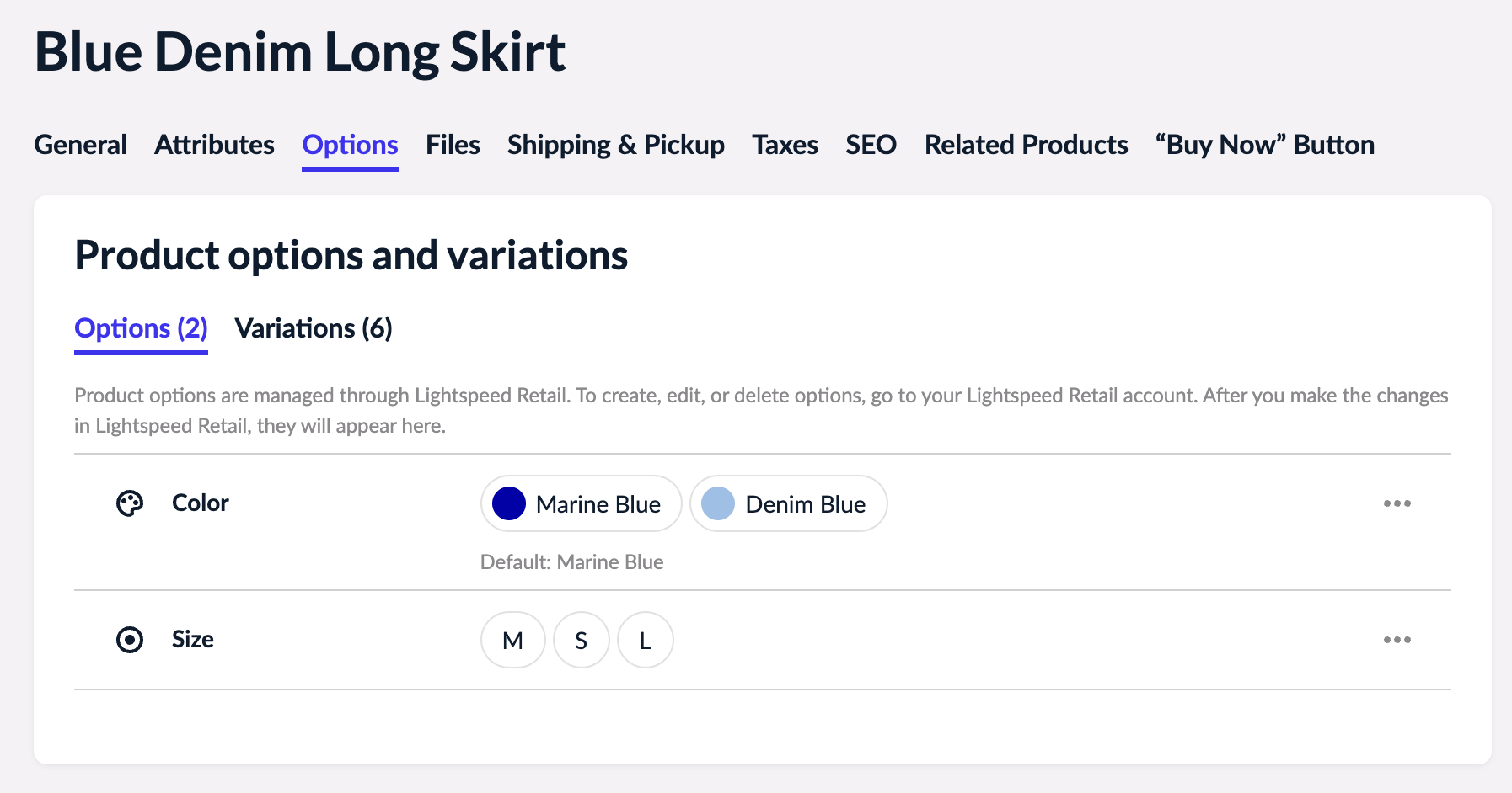 The Options tab of the product page