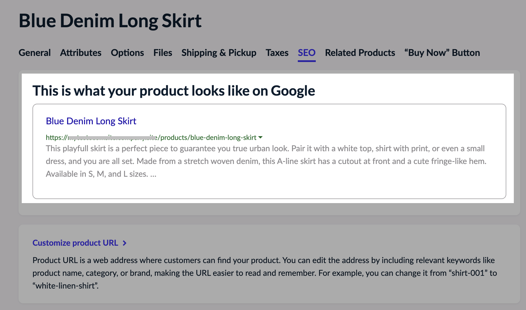 Preview of meta title and description on the product page in eCom