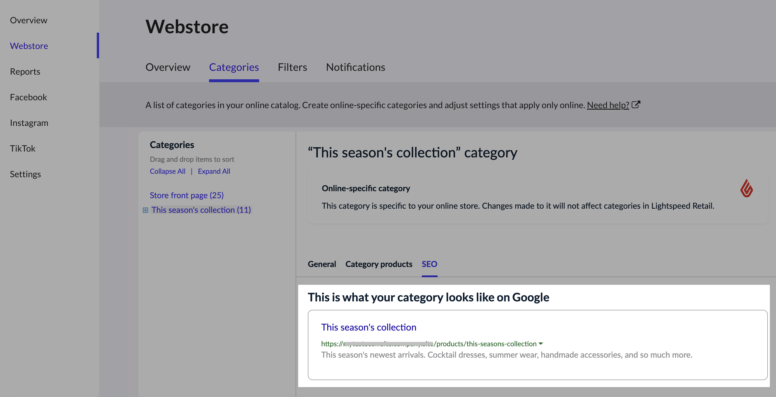 Preview of product category meta title and description