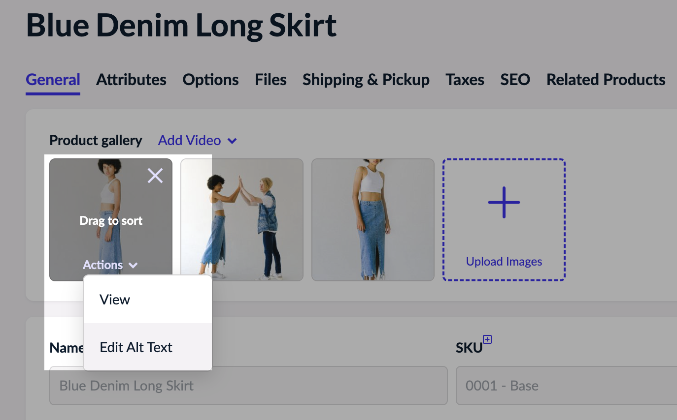 The Edit Alt Text option in the product gallery
