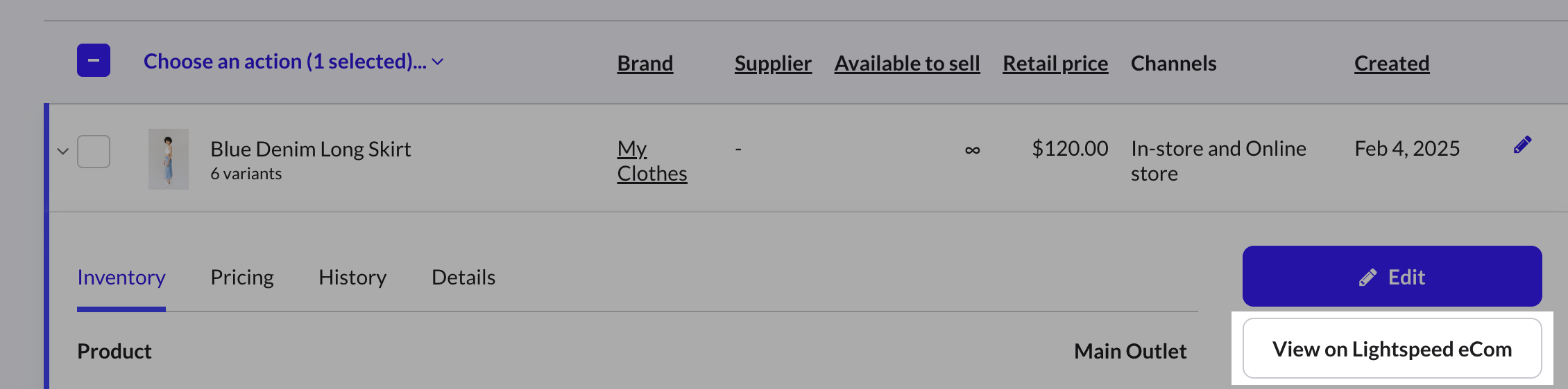 The View on Lightspeed eCom button on the product list in Retail POS