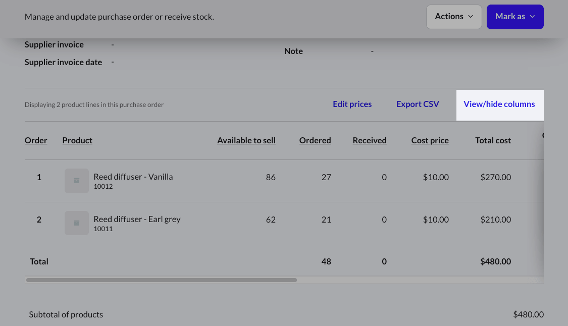 The Product table highlighting the View/hide columns button.