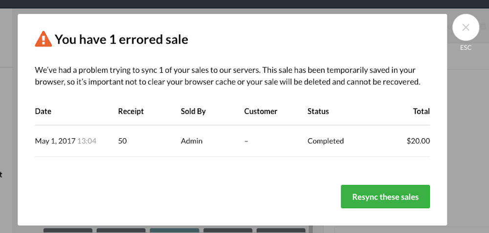 Fenêtre contextuelle des ventes erronées avec l'option 'Resync these sales' (resynchroniser ces ventes).