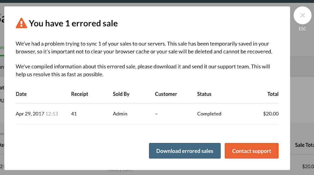 Fenêtre contextuelle des ventes erronées avec les options 'Download errored sales' (télécharger les ventes erronées) et 'Contact support' (communiquer avec le soutien technique).