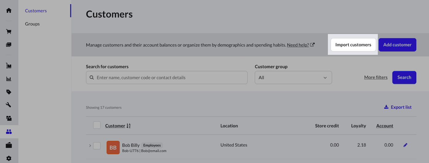 Customers page with the import customers button highlighted.