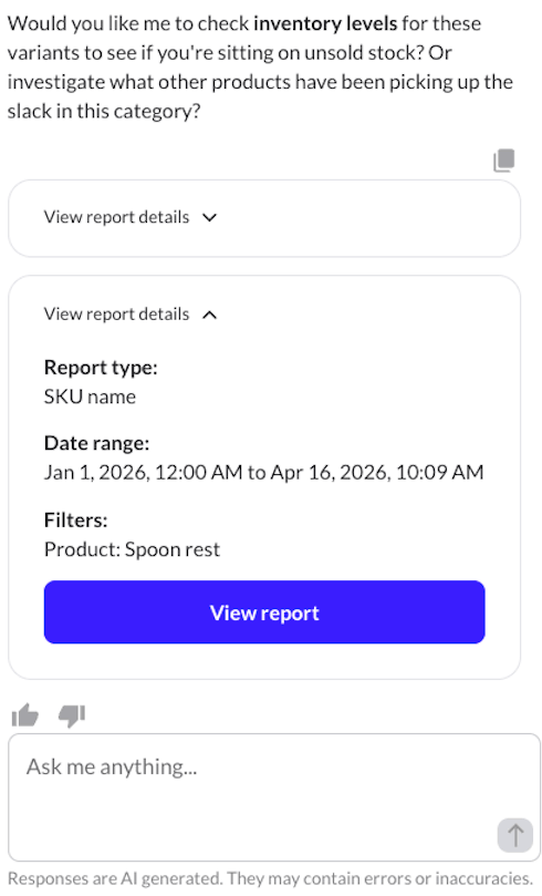 Lightspeed AI chat with View report details and View report buttons.