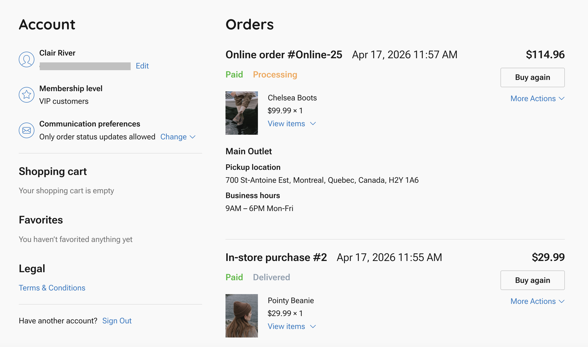 An example customer account page