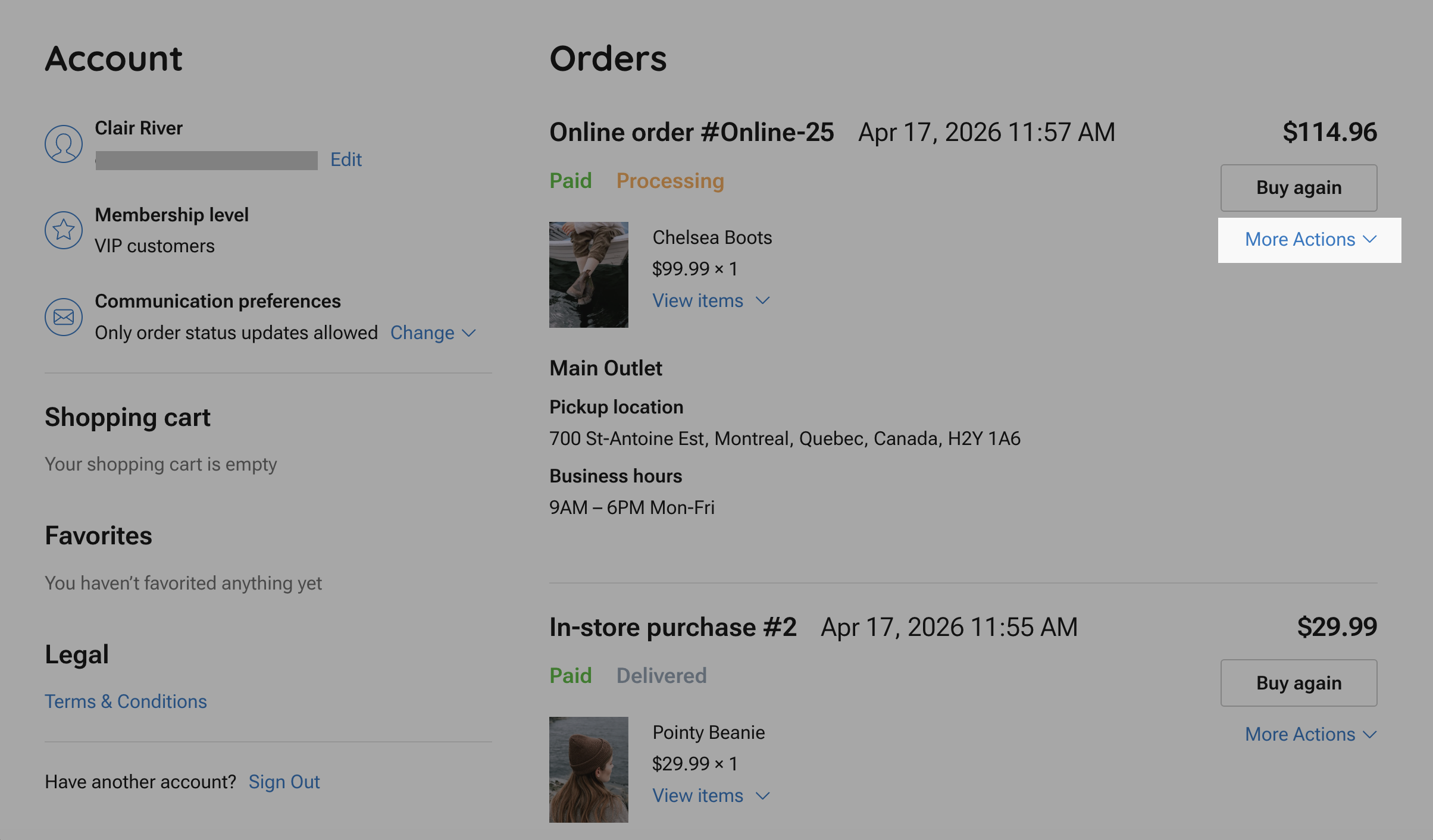 The More Actions menu on the customer account page