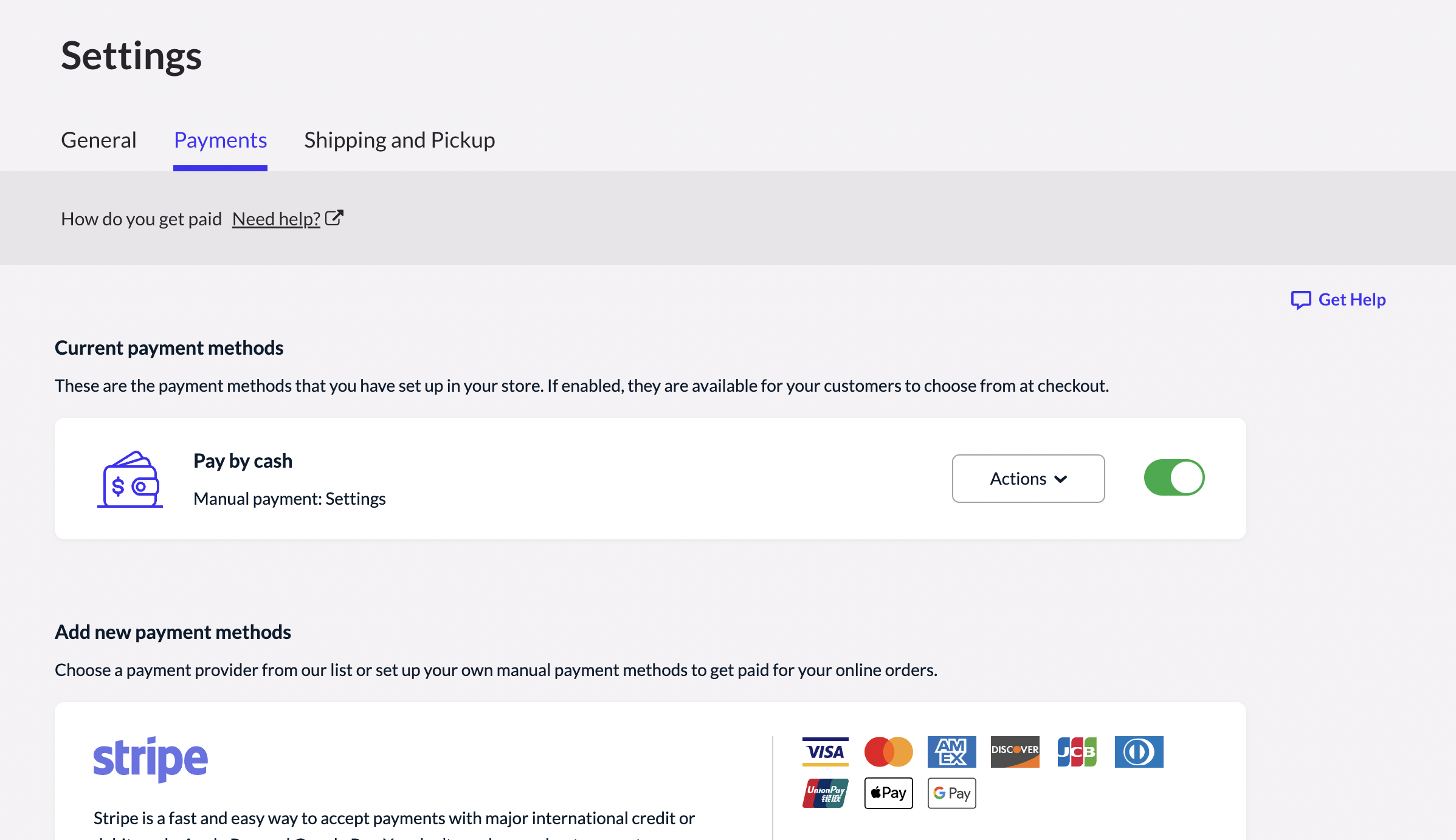 Showing the options available on the payment settings page
