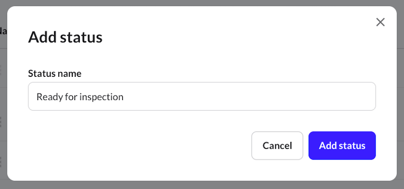 Add new status dialog box with field to enter status name.