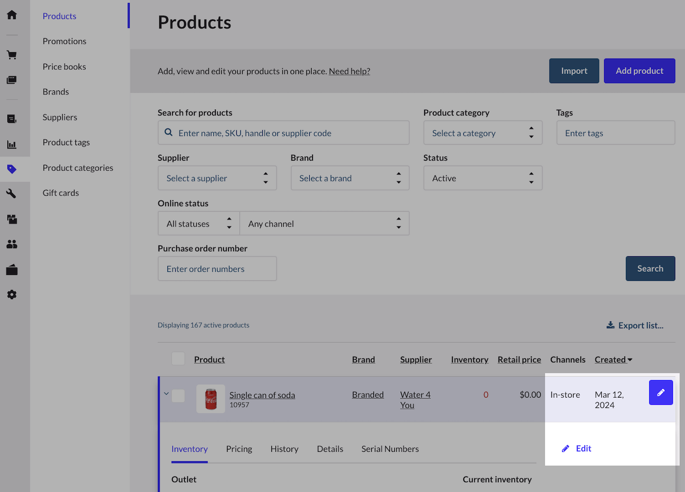 Product
      expanded to show the Edit icon.