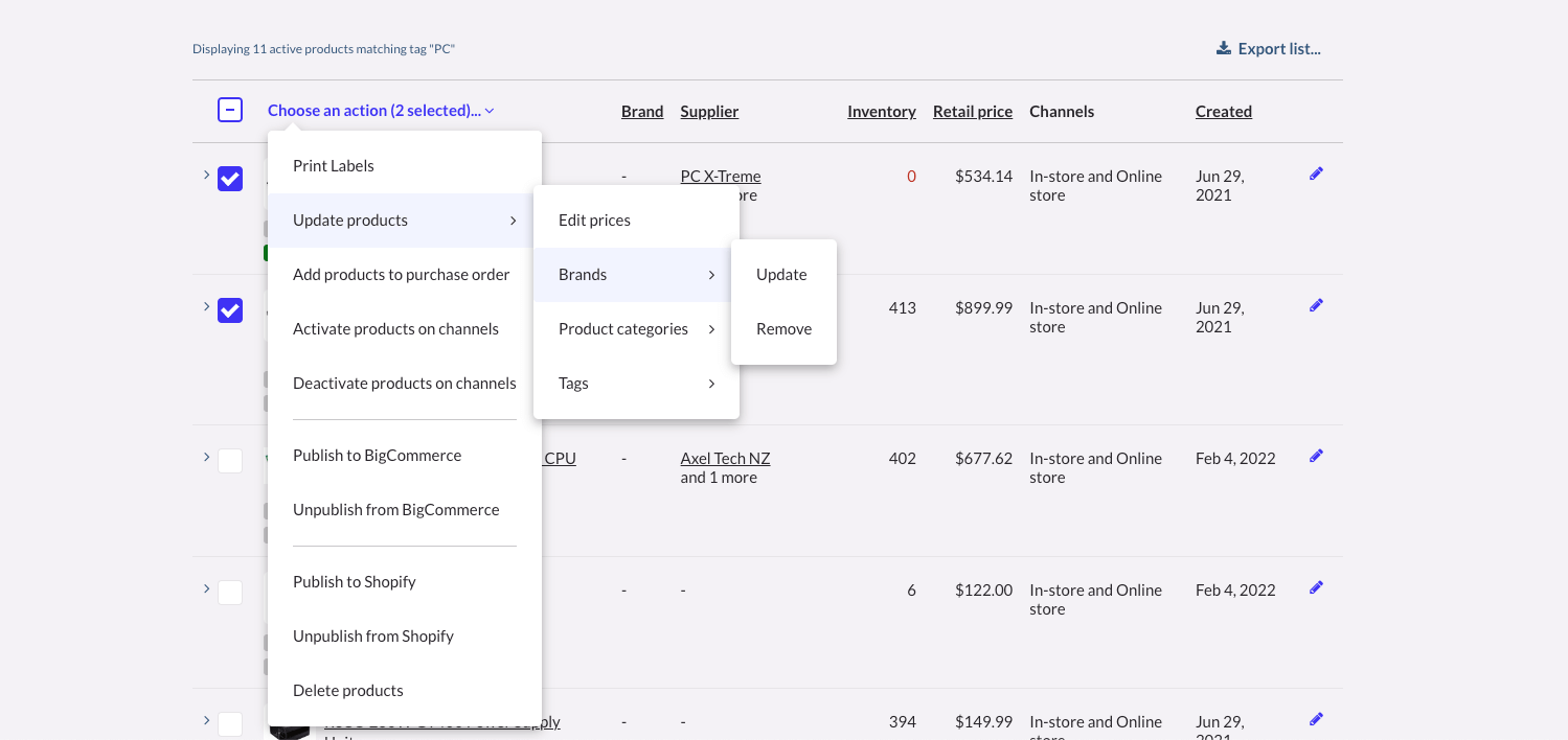 Choose an action showing update brands option.