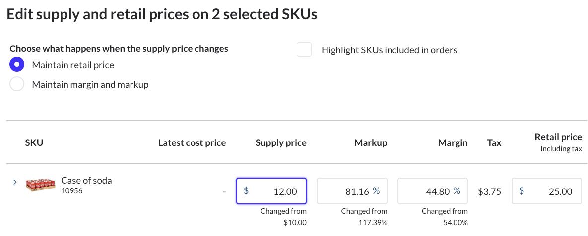 Edit
          supply and retail prices page showing editing supply price while
          maintaining retail price.