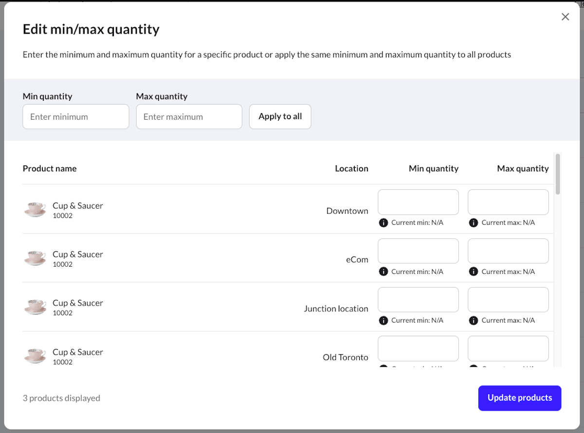 Edit
    min/max quantity page showing fields for entering min quantity and max quantity.