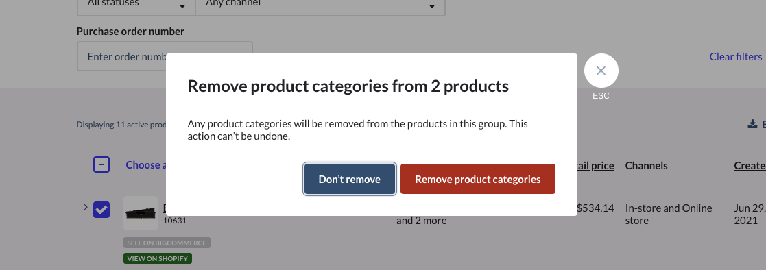 Remove
        product categories dialog box.