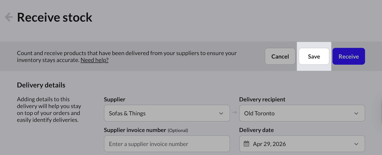 Highlighted save button on the Receive stock page.