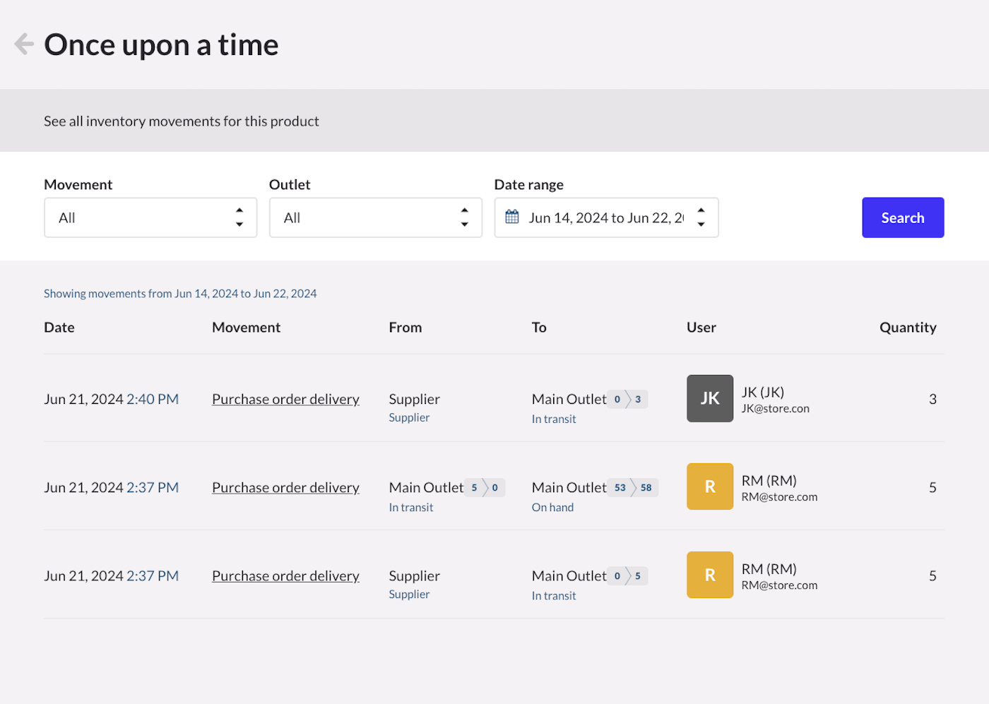 A product's inventory movements page showing movement information columns.