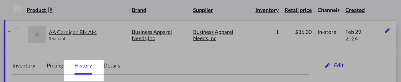 Product history tab.