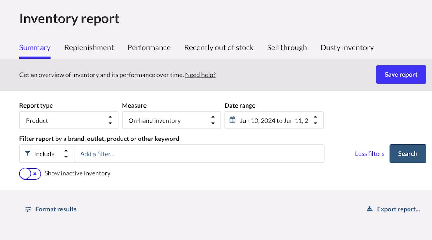 Inventory reports More filters.