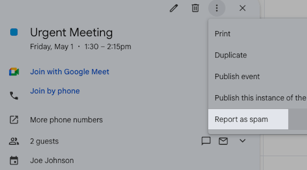 Google Calendar option to report meeting as spam.