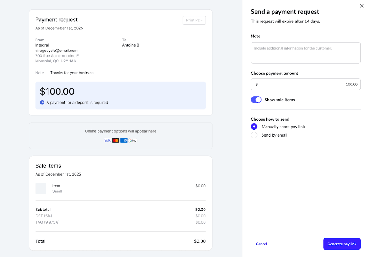 Manually share pay link option selected, showing generate pay link button.
