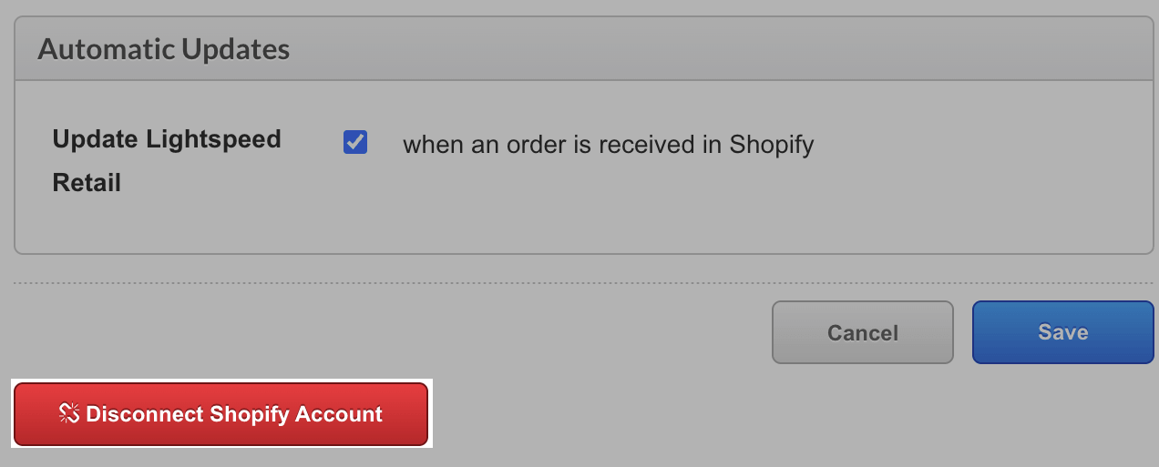 De knop Shopify ontkoppelen.