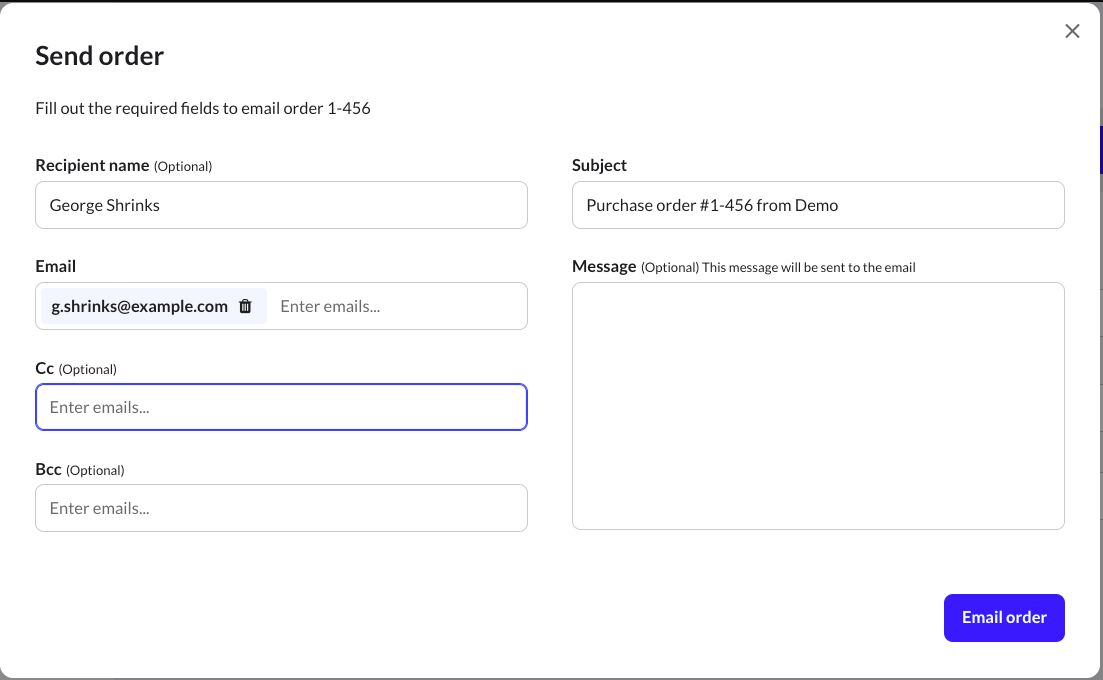 Pop-upvenster Bestelling verzenden met de naam van de ontvanger, het e-mailadres, cc, bcc, het onderwerp en het bericht, en de optie om de bestelling te e-mailen.