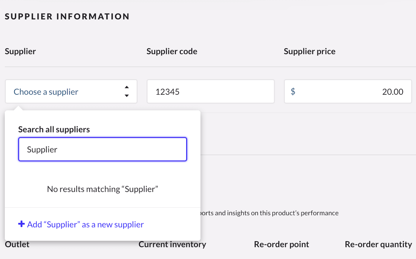 Supplier information section showing dropdown with option to Search all suppliers or add a new supplier.