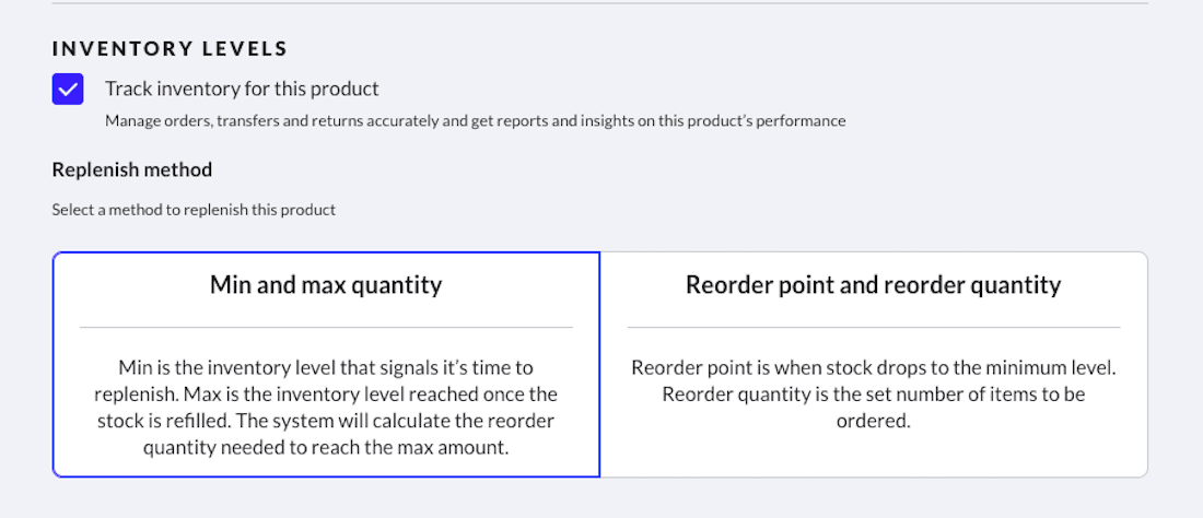 Inventory tracking section showing replenishment method to choose.