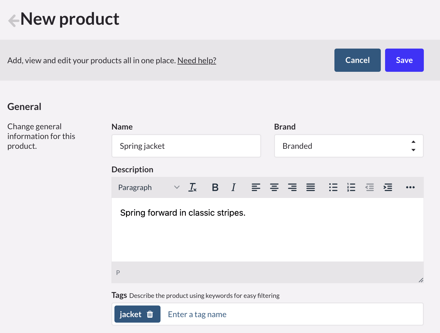 New product page with fields for Name, Brand, Description, and Tags.