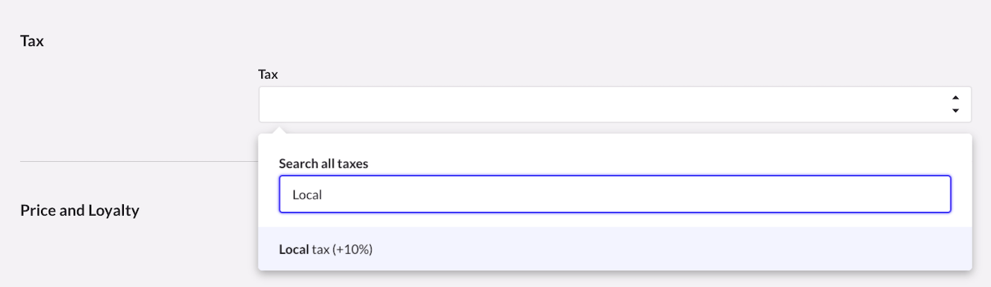Tax section with dropdown option to Search all taxes.