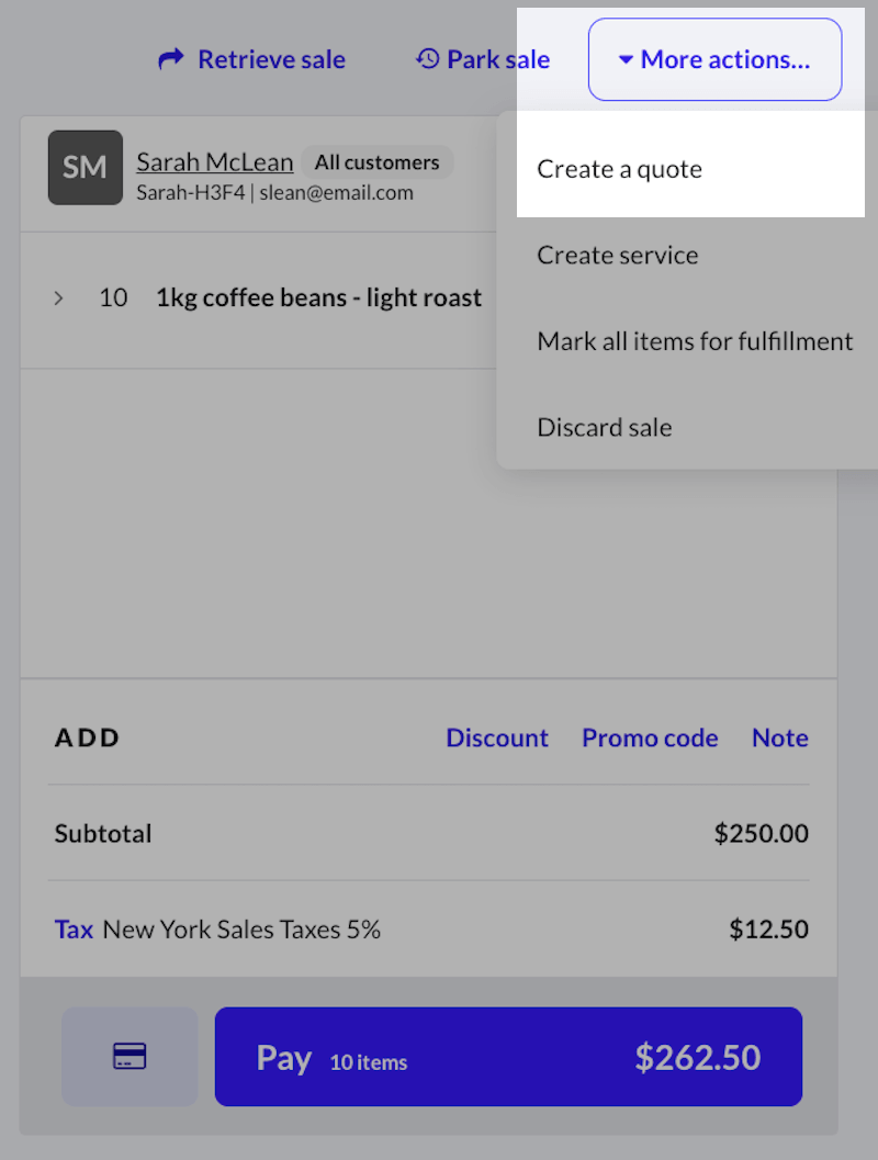 More actions dropdown showing create quote highlighted.