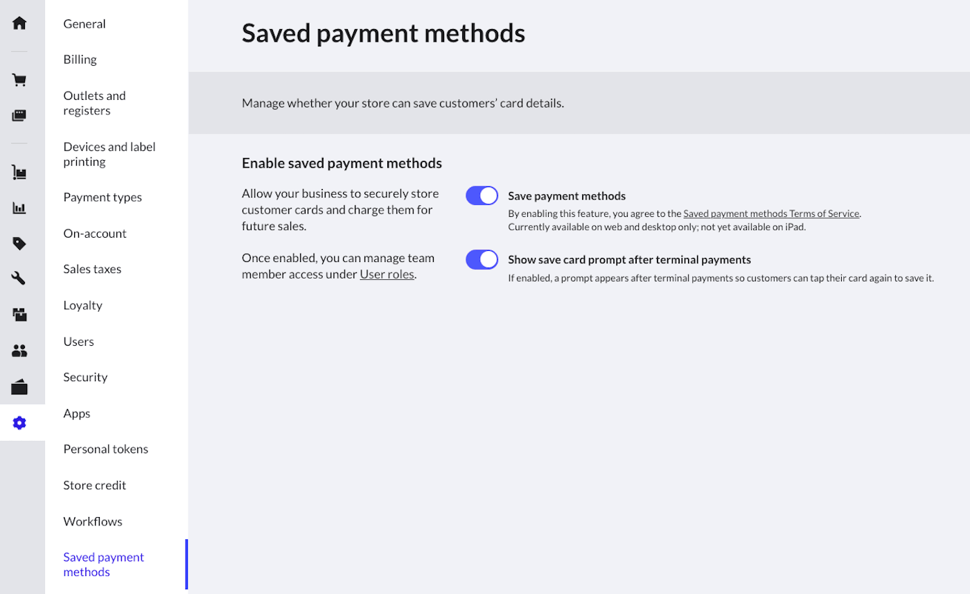 Saved payment methods section in Setup