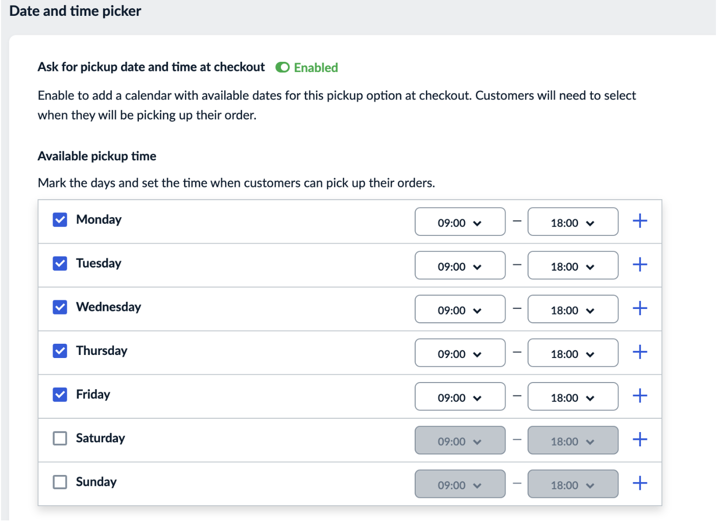 Date and time picker for pickup.