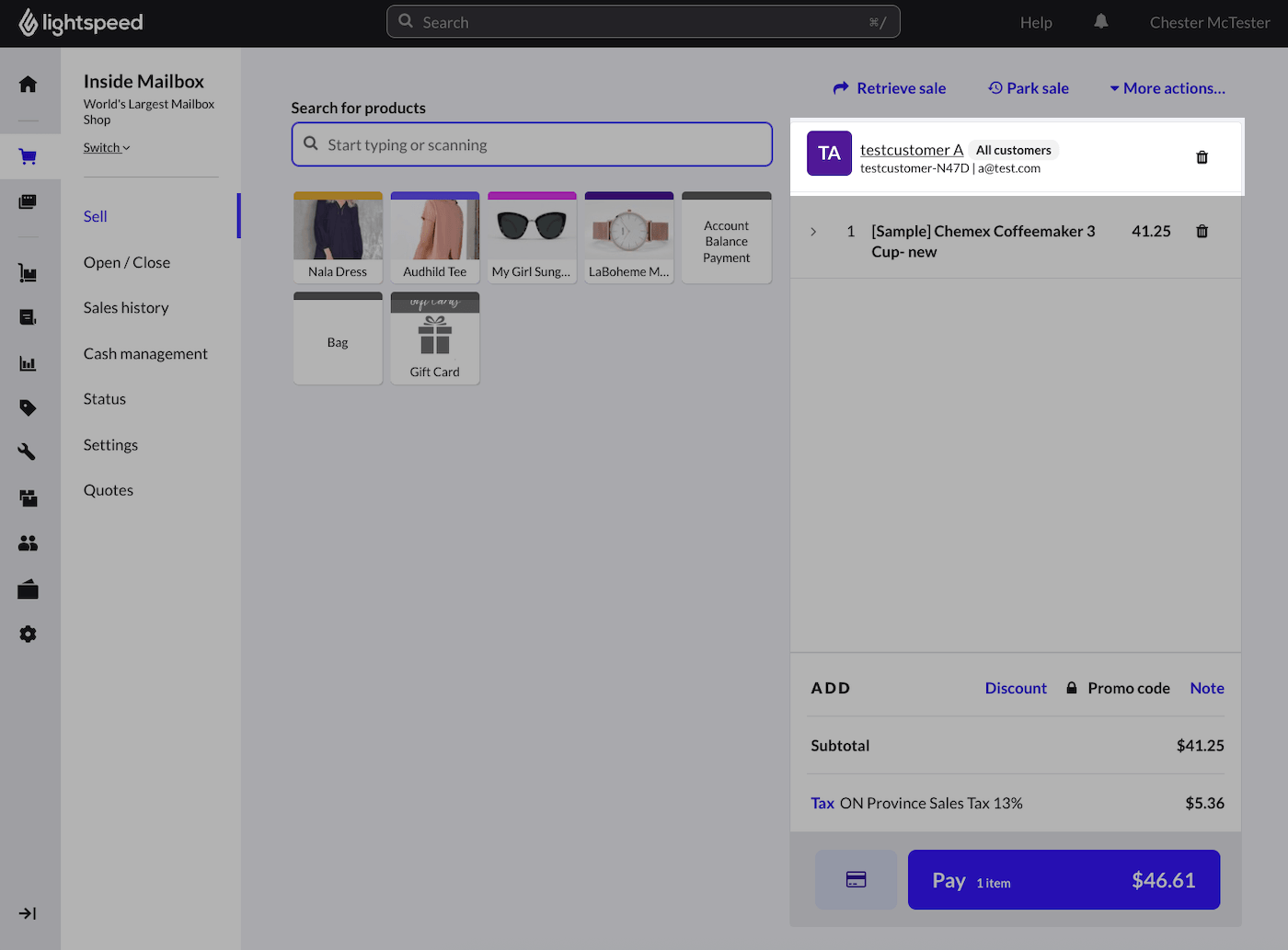 Sell screen with customer name emphasized.