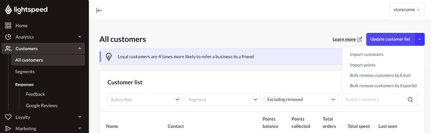 All customers page showing import points option in the dropdown.