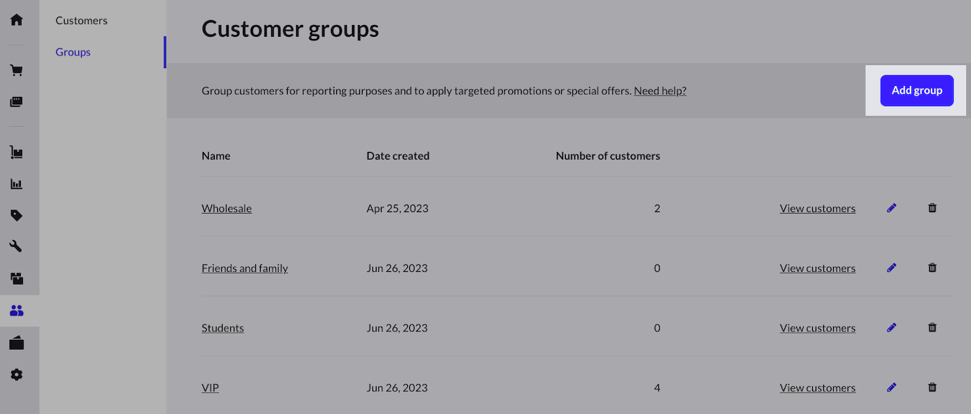Customer
    groups page with add group button highlighted.
