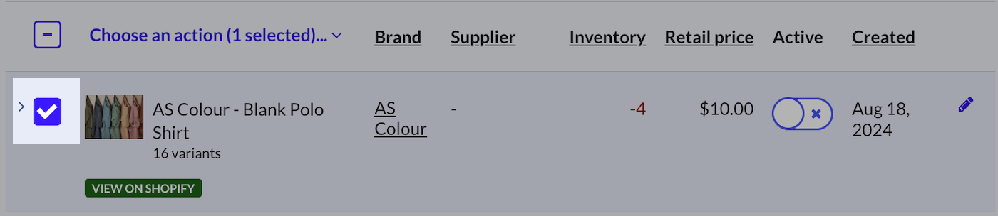 A product on the Products page highlighting the product checkbox.