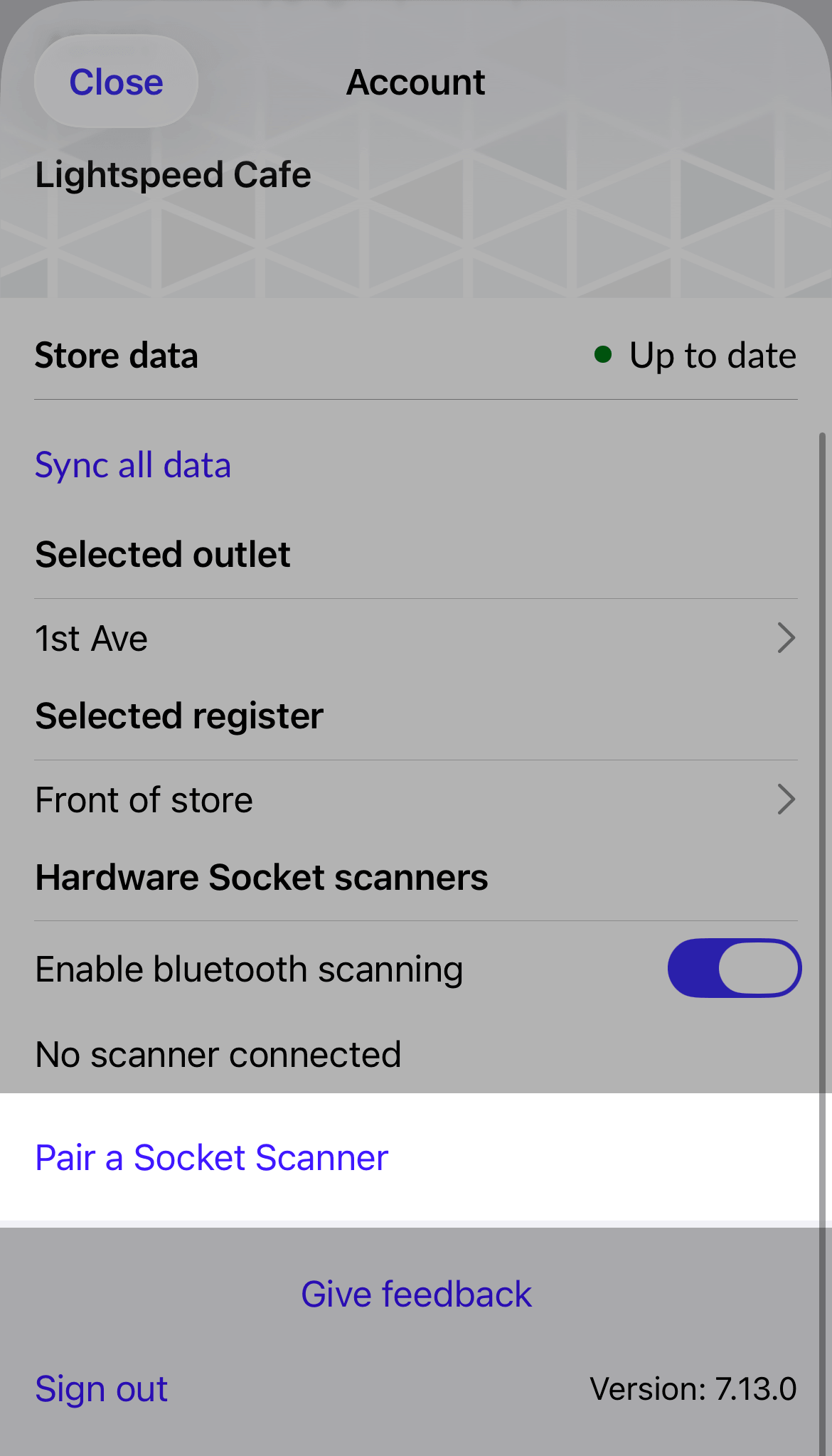 Account page with Pair a Socket Scanner option emphasized.