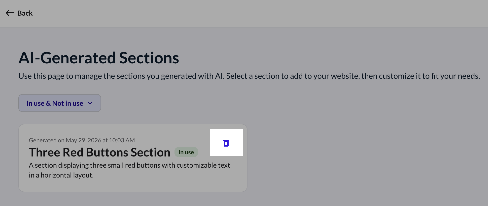 Trash bin button for deleting an AI-generated section