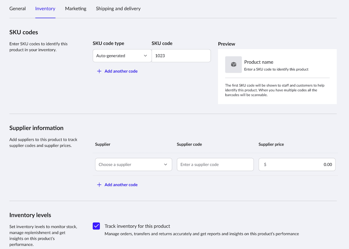 Add/Edit product page showing Inventory tab.