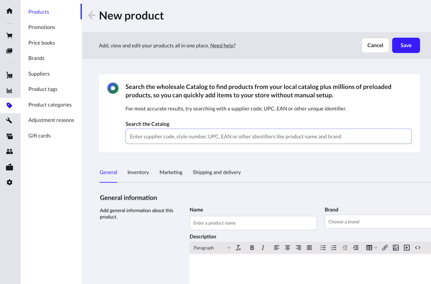 Add product page showing General, Inventory, Marketing, and Shipping and delivery tabs.