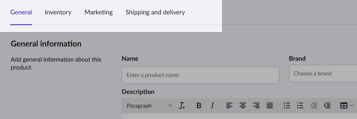 Highlighted General, Inventory, Marketing, and Shipping and delivery tabs.