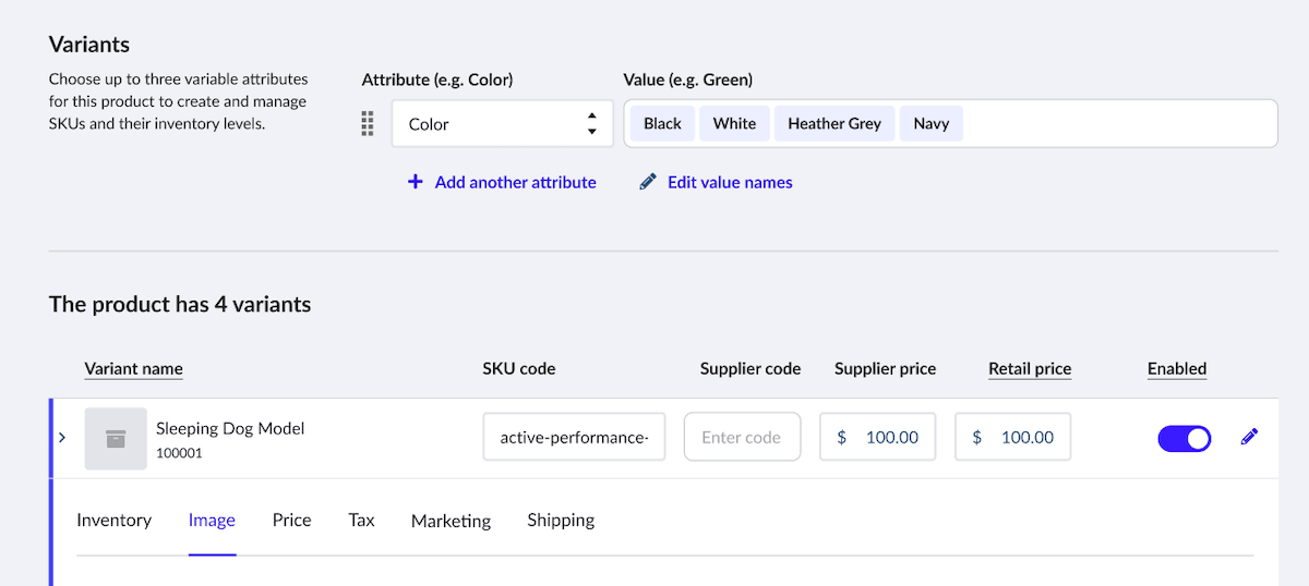 Add/Edit product page showing Variants section on the Inventory tab.