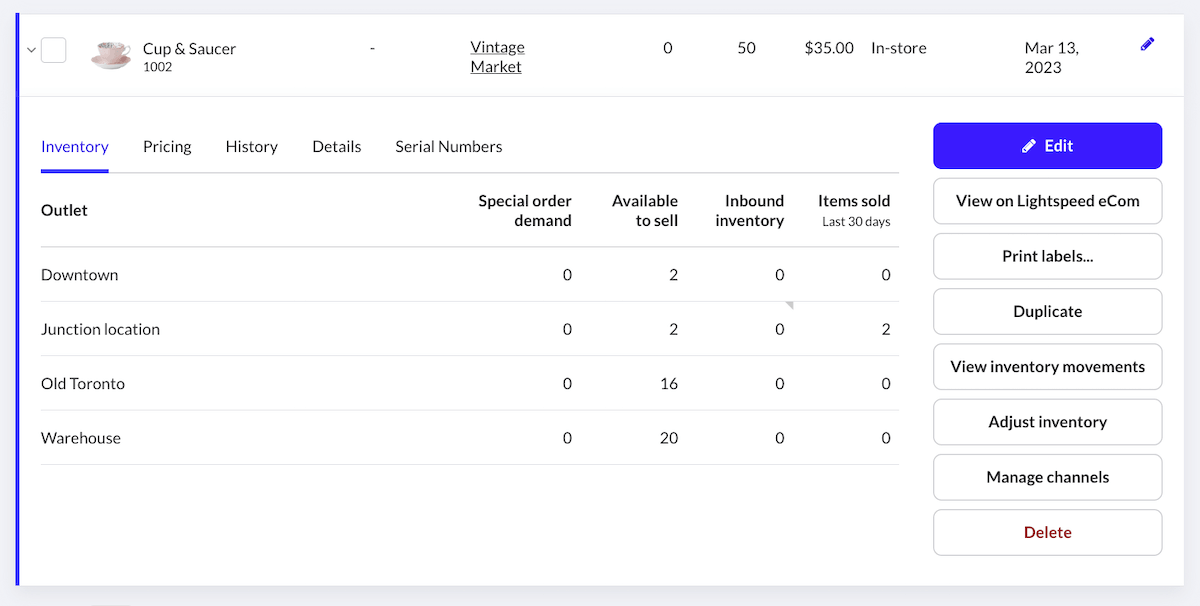 Expanded product row showing Edit button.