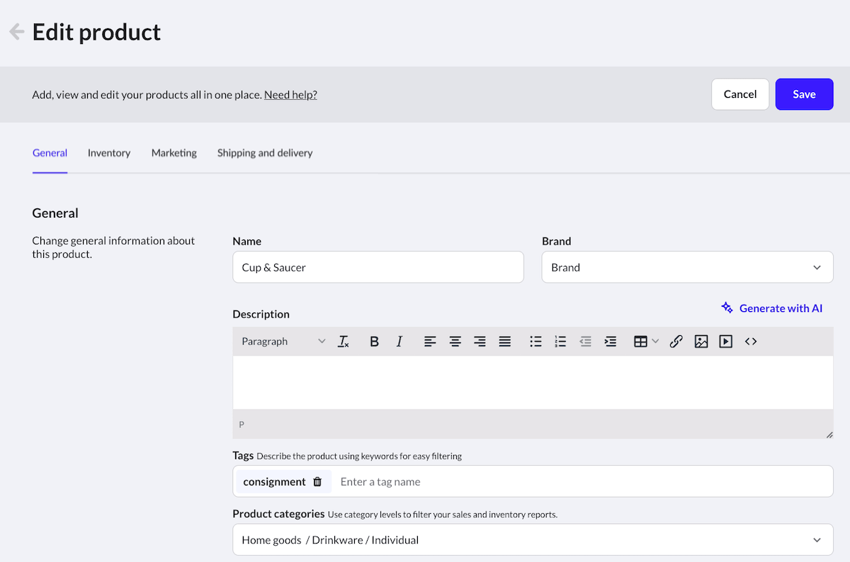 Edit product page.