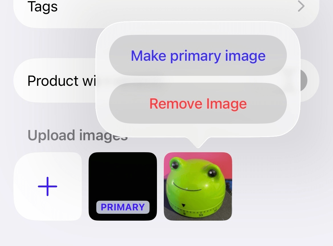 Add product screen with Upload images section and image uploading options emphasized.
