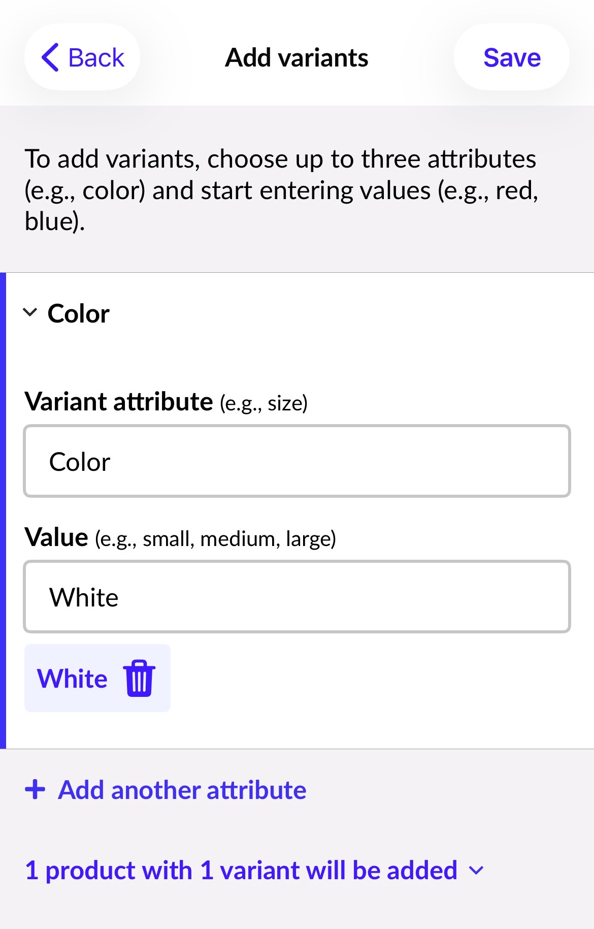 Add variants screen.